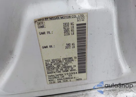 2013 Nissan Altima 2.5 S z USA, uszkodzony, nr VIN 1N4AL3AP9DC193994